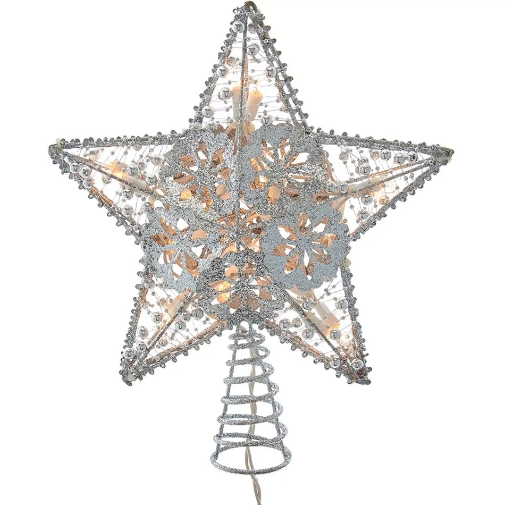 Outlet 11" Lighted Silver Star Christmas Tree Topper, Clear Lights Stars