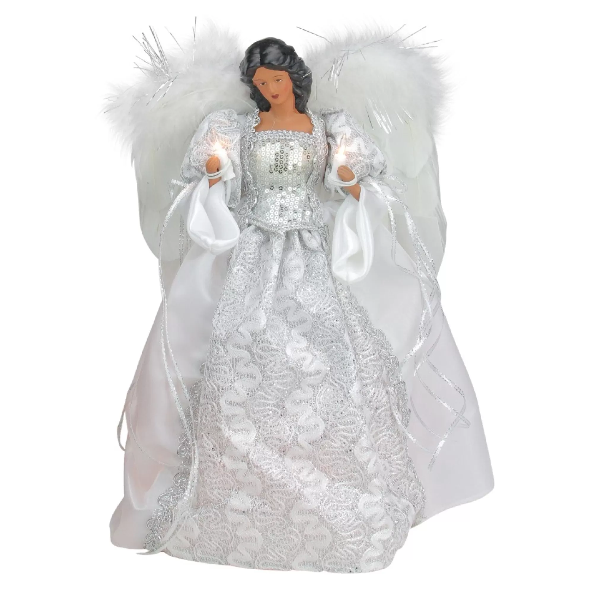 Fashion 14.5" White And Silver Elegant Feathered Tree Topper Angels