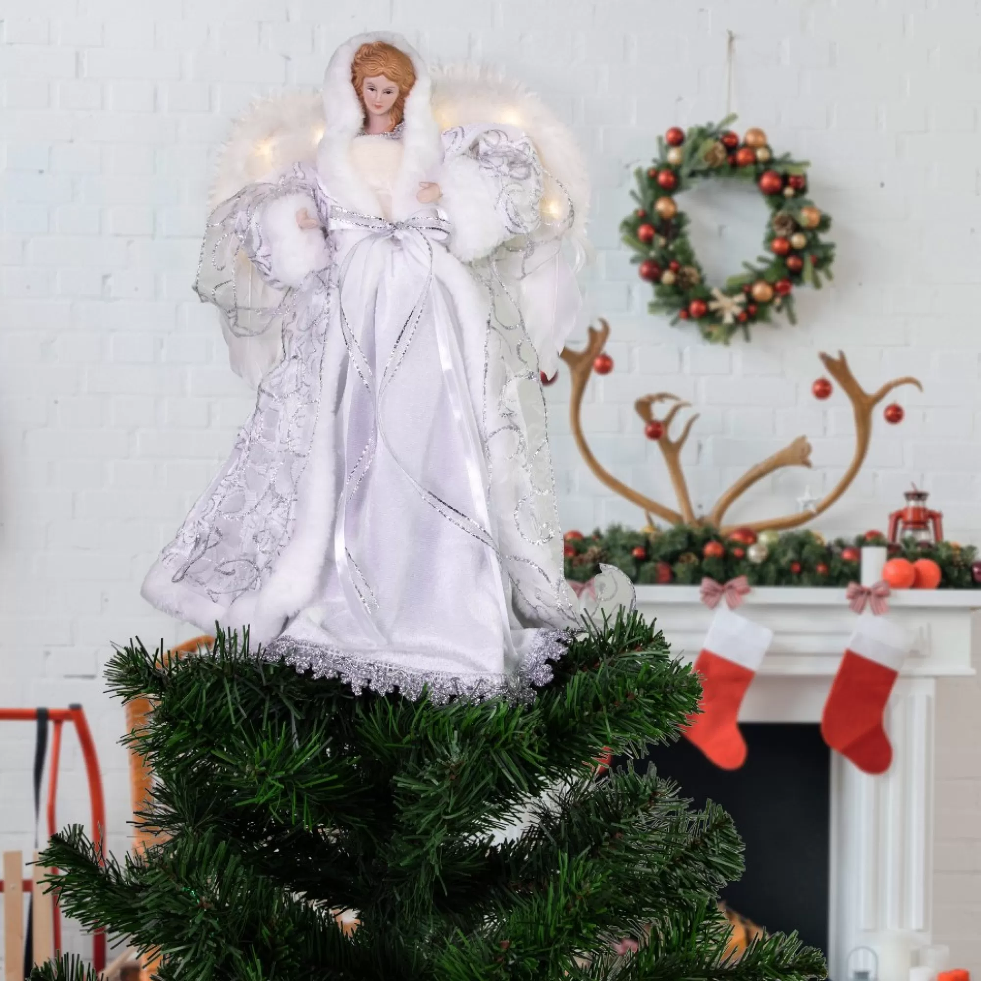 Discount 14" White Angel With Lighted Wings Christmas Tree Topper Angels