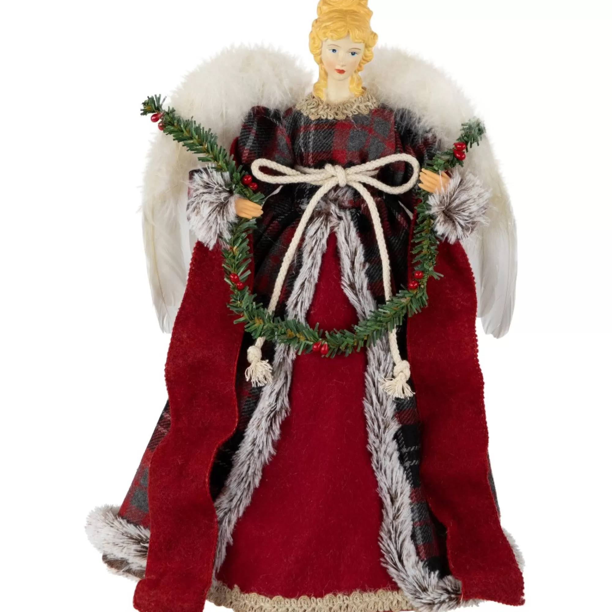 Cheap 16" Red And Plaid Angel Christmas Tree Topper, Unlit Angels