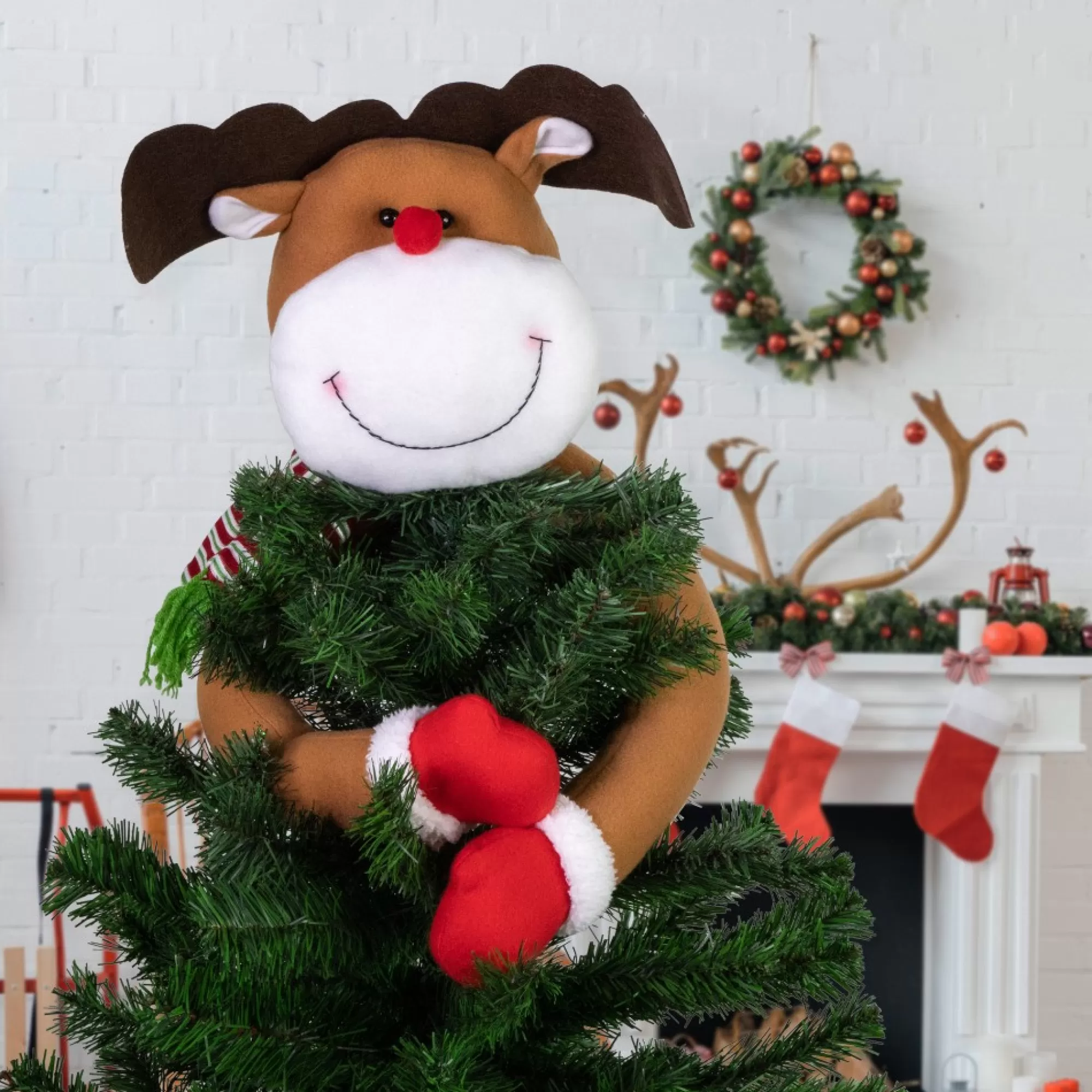 New 26" Plush Reindeer Christmas Tree Topper, Unlit Stars