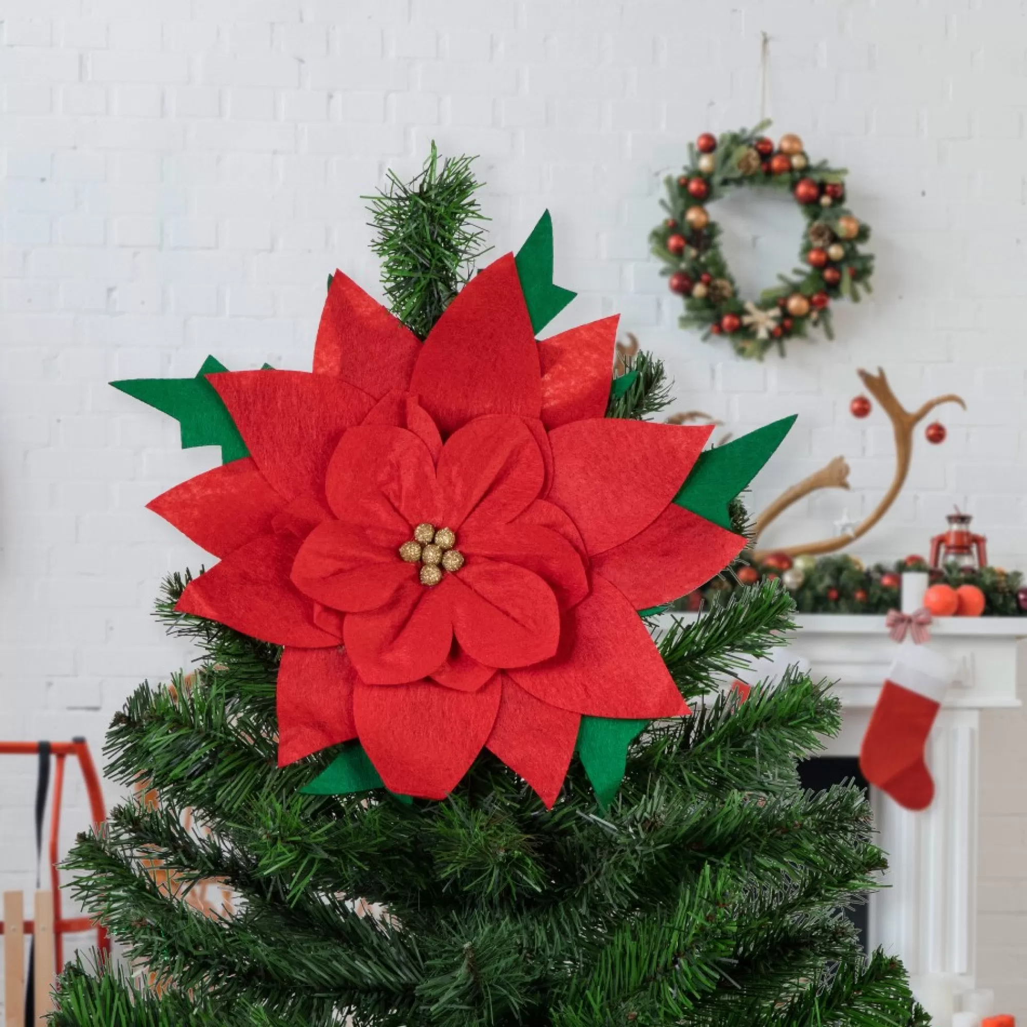 Best 29" Red Poinsettia Tie-On Christmas Tree Topper, Unlit Stars