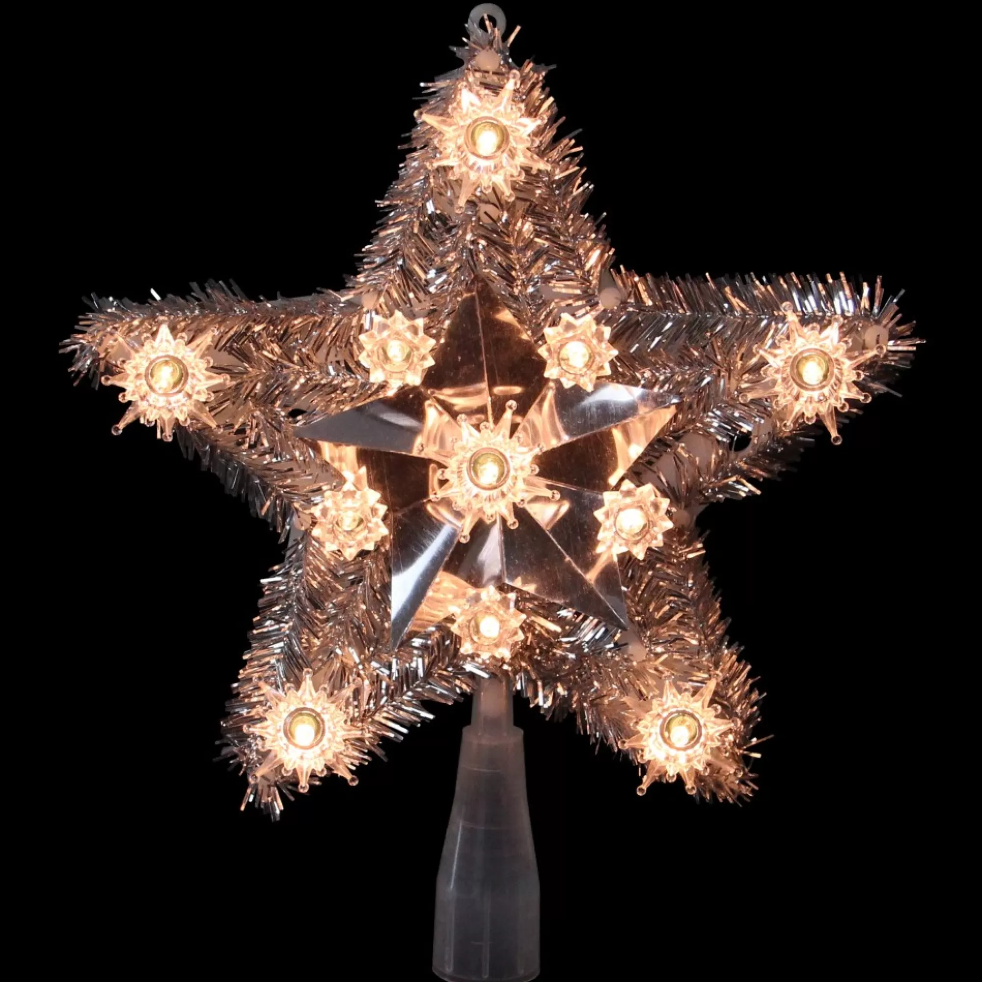 Hot 9" Silver Tinsel Star Christmas Tree Topper - Clear Lights Stars